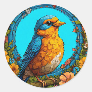 🦜 Lebendiger Vogel Floraler Rahmen Naturdekoratio Runder Aufkleber