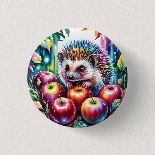 Lebendiger Wasserfarben-Igel mit Herbstäpfeln Button (Vorderseite)