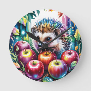 Lebendiger Wasserfarben-Igel mit Herbstäpfeln Runde Wanduhr