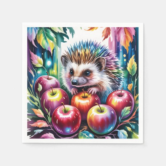 Lebendiger Wasserfarben-Igel mit Herbstäpfeln Serviette (Vorderseite)