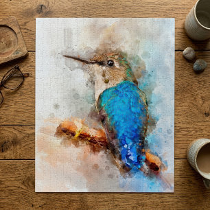 Lebendiger Wasserfarben-Kolibri auf einem Ast Puzzle