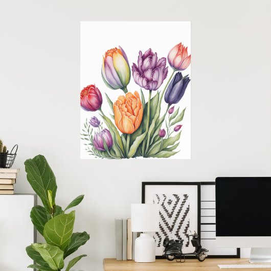Lebendiger Wasserfarben-Tulpenstrauß Poster (Heimbüro)