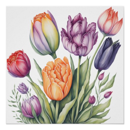 Lebendiger Wasserfarben-Tulpenstrauß Poster (Vorderseite)