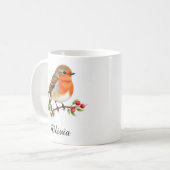 Lebendiger Wasserfarbener Rotkehlchen auf Stechpal Kaffeetasse (Vorderseite Links)