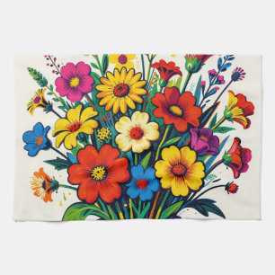 Lebendiger Wildblumenstrauß in Volkskunst Geschirrtuch