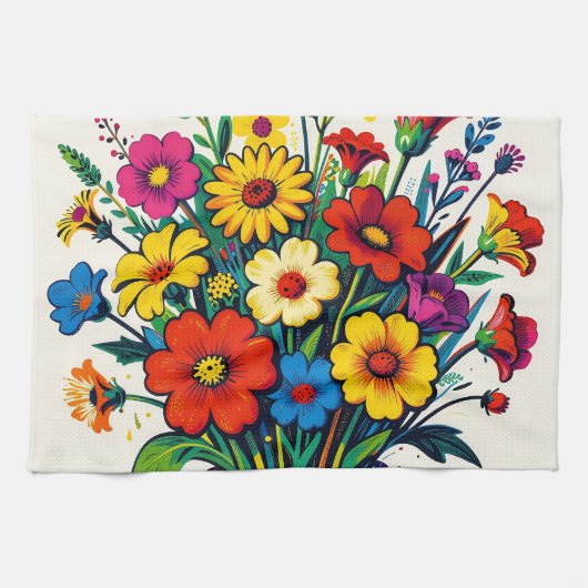 Lebendiger Wildblumenstrauß in Volkskunst Geschirrtuch (Horizontal)