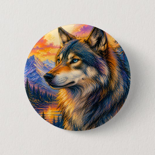 Lebendiger Wolf-Sonnenuntergangs-Button Button (Vorderseite)
