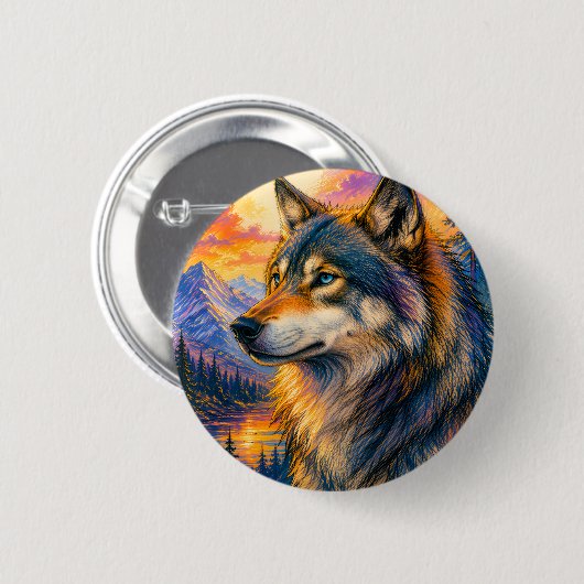 Lebendiger Wolf-Sonnenuntergangs-Button Button (Vorne & Hinten)