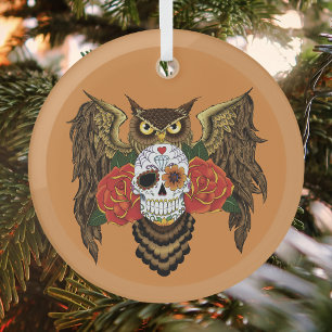 Lebendiger Zucker-Schädel-Owl rote Rosen Ornament Aus Glas