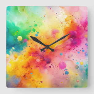Lebendiges abstraktes Aquarell-Spritzmuster Quadratische Wanduhr
