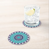 Lebendiges Aqua- und Pflaumen-Mandala-Muster Runder Pappuntersetzer (Vor Ort)