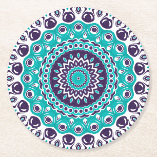 Lebendiges Aqua- und Pflaumen-Mandala-Muster Runder Pappuntersetzer