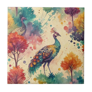 Lebendiges Aquarell-Pfauenwald-Muster Fliese