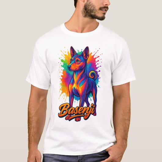Lebendiges Basenji-Pop-Art-Design T-Shirt (Vorderseite)