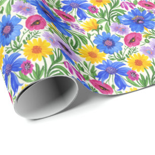 Lebendiges Blau Gelb Rot Lila Blumenmuster Geschenkpapier