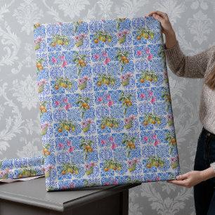 Lebendiges Blau Gelbes Sizilianisches Zitrus Flies Geschenkpapier