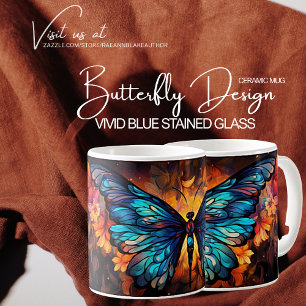 Lebendiges blaues Buntglas-Schmetterlingsdesign Kaffeetasse