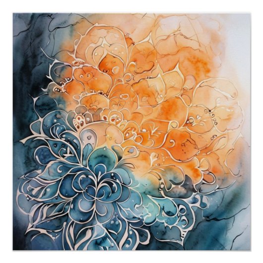 Lebendiges blaues und oranges Wasserfarben-Mandala Poster (Vorderseite)