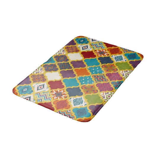 Lebendiges Boho-Geometrisches Patchwork-Fliesenmus Badematte (Schrägansicht)