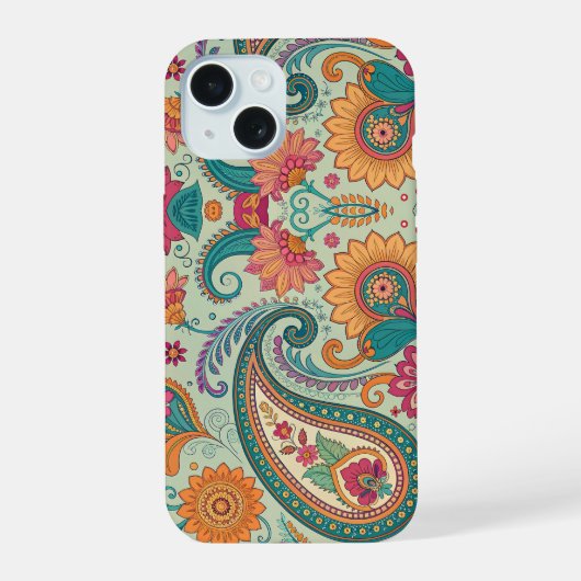 Lebendiges Boho-Paisley hellgrünes Blumenmuster iPhone 15 Hülle (Rückseite)