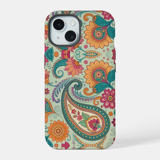 Lebendiges Boho-Paisley hellgrünes Blumenmuster   iPhone 15 Hülle (Rückseite)