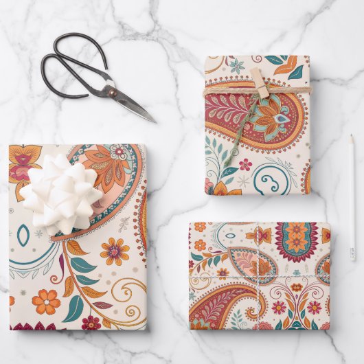 Lebendiges Boho-Paisley-Weiß-Blumenmuster Geschenkpapier Set (Vorderseite)
