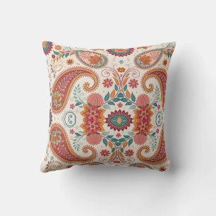 Lebendiges Boho-Paisley weißes Blumenmuster Kissen