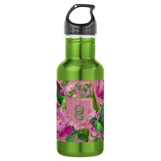 Lebendiges Botanisches Kolibri-Monogramm Edelstahlflasche (Vorderseite)