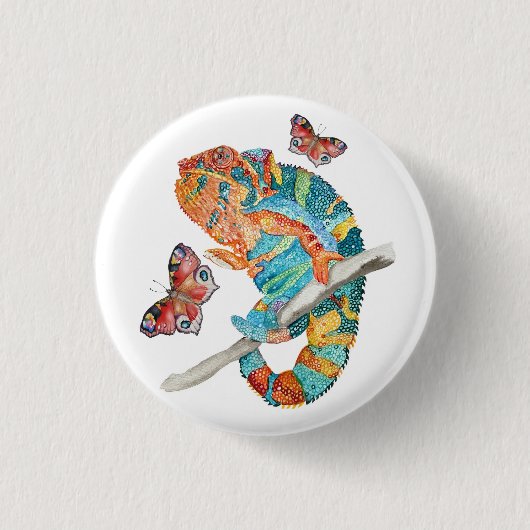 Lebendiges Chamäleon in Aquarell Button (Vorderseite)