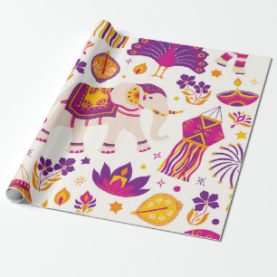 Lebendiges festliches Diwali-Elefant und Pfau Geschenkpapier