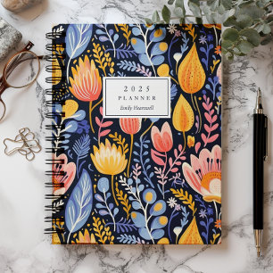 Lebendiges florales handgemaltes blaues Monogramm Planer