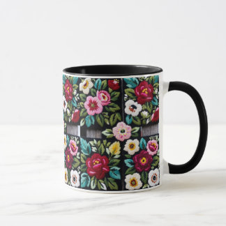 Lebendiges florales Stickerei-Quartett auf Schwarz Tasse