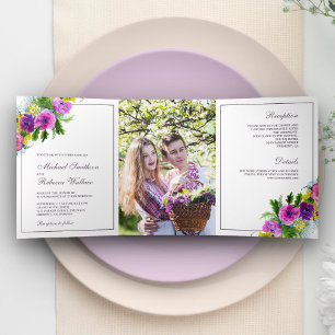 Lebendiges Frühlingsblumenstrauß-Foto Hochzeit Dreifach Gefaltete Einladung