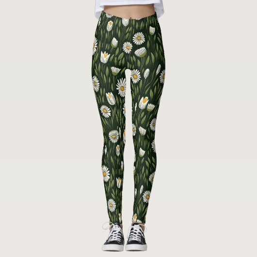 Lebendiges Gänseblümchenmuster mit üppigen grünen Leggings (Vorderseite)