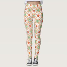 Lebendiges Grün und Terrakotta-Blumen-Diamantmuste Leggings