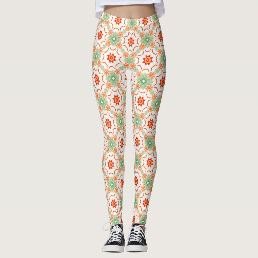 Lebendiges Grün und Terrakotta-Blumen-Diamantmuste Leggings (Vorderseite)