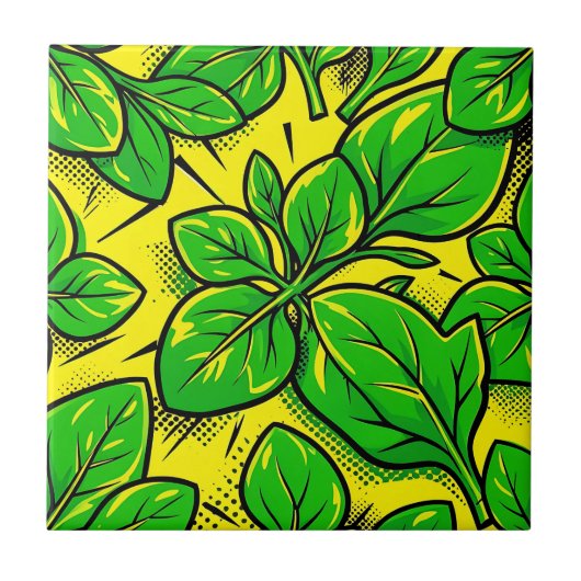 Lebendiges grünes Blatt Pop-Art-Muster Fliese (Vorderseite)