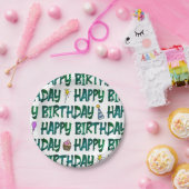 Lebendiges grünes Happy Birthday-Textmuster Pappteller (Party)
