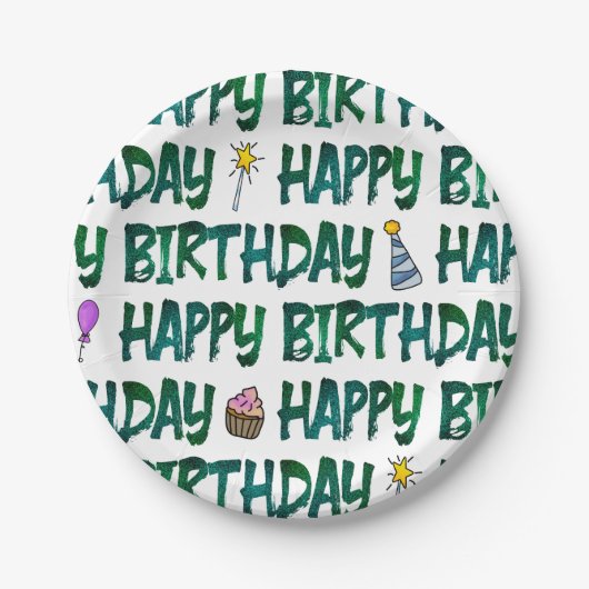 Lebendiges grünes Happy Birthday-Textmuster Pappteller (Vorderseite)