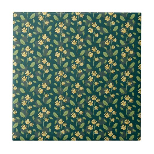 Lebendiges grünes Muster mit gelben Blumen und Blä Fliese (Vorderseite)