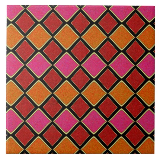 Lebendiges Harlekin-Diamantmuster in Rot, Orange, Fliese (Vorderseite)