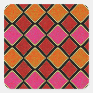Lebendiges Harlekin-Diamantmuster in Rot, Orange, Quadratischer Aufkleber