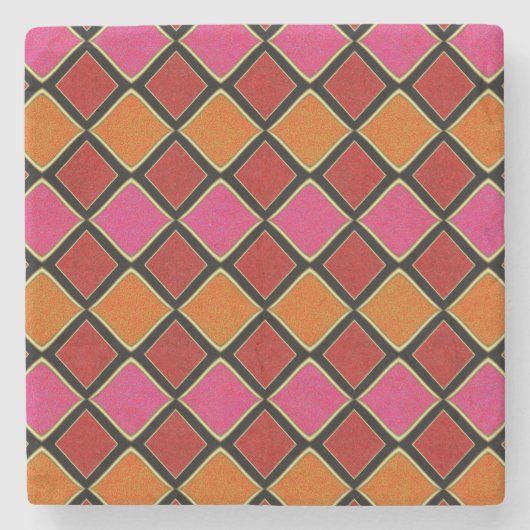 Lebendiges Harlekin-Diamantmuster in Rot, Orange, Steinuntersetzer (Vorderseite)