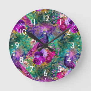 Lebendiges illustriertes Pfauenmuster Runde Wanduhr