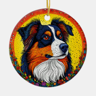 Lebendiges illustriertes Porträt eines Hundes Keramik Ornament