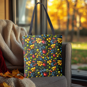 Lebendiges Khokhloma-Blumenmuster in Rot und Gelb Tasche
