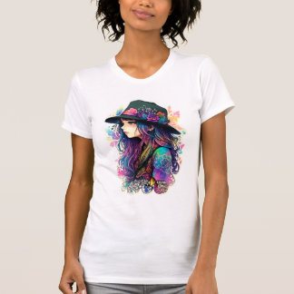 Lebendiges künstlerisches Mädchen mit Hut mit brei T-Shirt