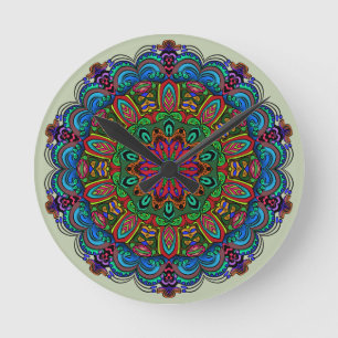 Lebendiges Mandala-Blumen- und geometrisches Muste Runde Wanduhr