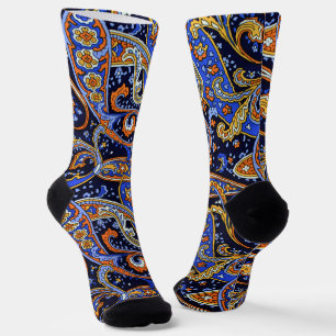 Lebendiges Marineblau- und Orange- Boho-Paisleymus Socken