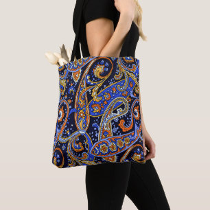 Lebendiges Marineblau- und Orange- Boho-Paisleymus Tasche